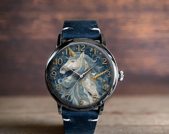 Unicorn And Star Art Mechanical Leather Wrist Watch