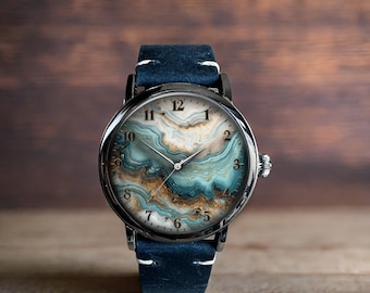 Fractal Art Turquoise Art mekanisk läderarmbandsur