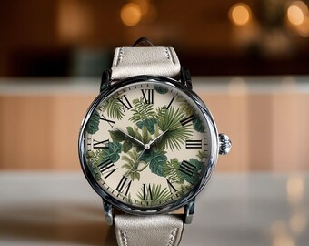 Green Leaves Art Mechanical Leather Wrist Watch