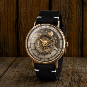 Peut inclure: Une montre-bracelet avec un bracelet en cuir noir à surpiqûres blanches et un boîtier circulaire doré. Le cadran présente un motif solaire central, des chiffres romains et des illustrations célestes complexes incluant des phases lunaires et des étoiles.