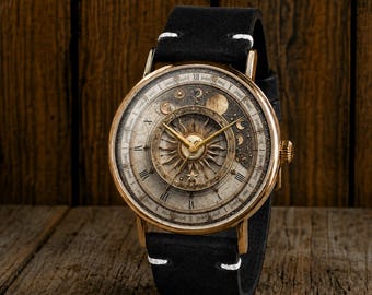 Vintage Celestial Sun & Moon Quartz Watch, Antique Astronomy Dial, Zodiac Inspired Art Watch