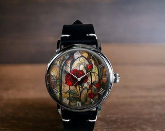 Stained Glass Red Rose Art Mechanical Leather Wrist Watch
