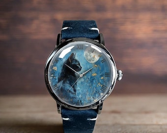 Cat And Moon Art Mechanical Leather Wrist Watch
