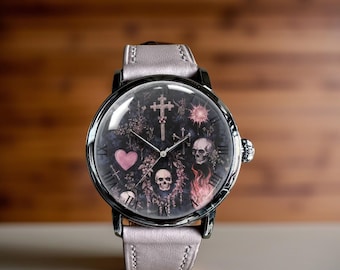 Floral Skull Art Mechanical Leather Wrist Watch