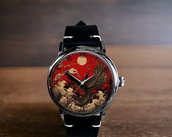 Japansk konst Phoenix mekanisk läderarmbandsur
