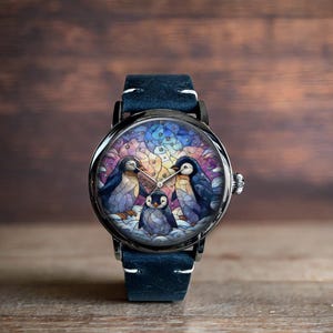 Penguin Family Stained Glass Pattern Mechanical Leather Watch, Penguin Mechanical Watch, Mechanical Wrist Watch, Lady Size Mechanical Watch