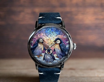 Pinguin Familie Glasmalerei Muster Kunst Mechanische Leder Armbanduhr