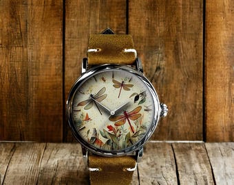 Vintage Dragonfly Art Mechanical Leather Wrist Watch
