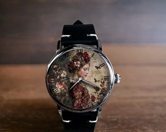 Woman In The Rococo Style Art Mechanical Leather Wrist Watch