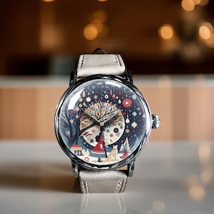 Happy Holiday Leather Watch, Seasons Greeting Mechanical Watch, Mechanical Wrist Watch, Lady Size Mechanical Watch