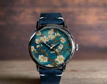Van Gogh Almond Blossoms Art Mechanical Leather Wrist Watch