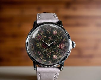 Rose Flower Floral Rose Art Mechanical Leather Wrist Watch