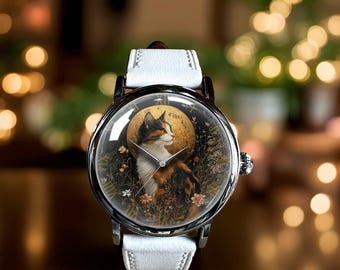 Reloj de pulsera mecánico de cuero Cat Moon Art