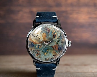 Orologio da polso meccanico in pelle Stars Moon Art