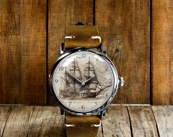 Reloj de pulsera mecánico de cuero con diseño de velero náutico vintage
