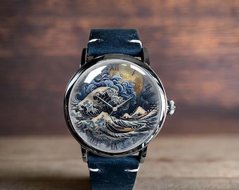 Reloj de pulsera mecánico de cuero con diseño artístico de La gran ola de Kanagawa
