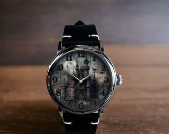 Gothic Castle With Ravens Art Mechanical Leather Wrist Watch