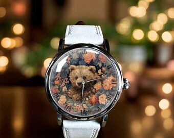 Bear Rose Bear Flower Art Mechanical Leather Wrist Watch