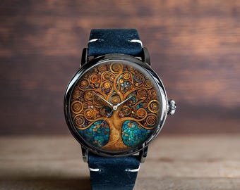 Stained Glass Gustav Klimt Style Tree Of Life Art Mechanical Leather Wrist Watch