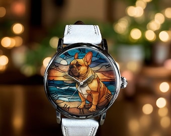 French Bulldog Stained Glass Pattern Art Mechanical Leather Wrist Watch