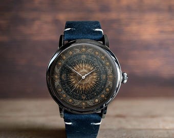 Orologio da polso meccanico in pelle con costellazione, astronomia, stelle e arte