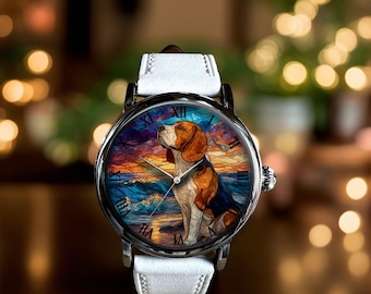 Beagle Dog Stained Glass Pattern Art Mechanical Leather Wrist Watch