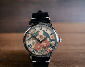 Vintage Birds Floral Flower Art Mechanical Leather Wrist Watch