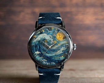 Ocean Wave Van Gogh Style Sea Wave Art Mechanical Leather Wrist Watch