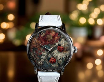 Mechaniczny skórzany zegarek na rękę z motywem kwiatowym Ladybug Floral