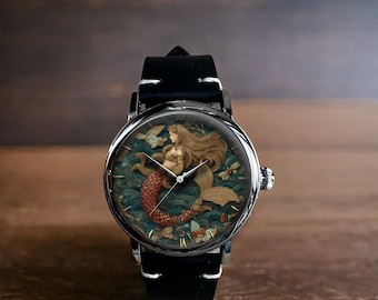 Vintage Mermaid Art Mechanical Leather Wrist Watch
