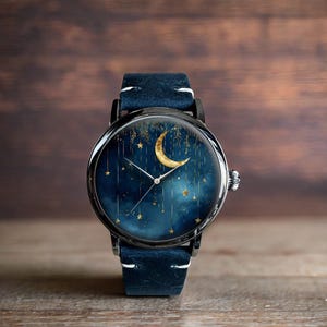 Moon And Stars Mechanical Leather Watch, Moon Stars Aesthetics Mechanical Watch, Mechanical Wrist Watch, Lady Size Mechanical Watch