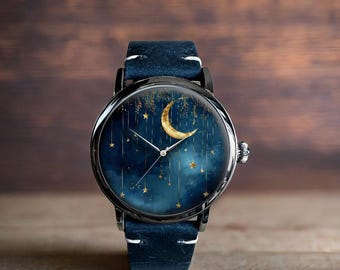 Orologio da polso meccanico in pelle Moon And Stars Art