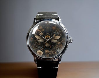 Vintage Flower Honey Bee Art Mechanical Leather Wrist Watch