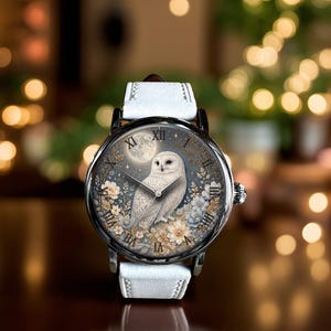 Floral Owl And Moon Art Mechanical Leather Wrist Watch