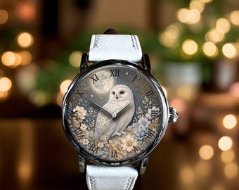Floral Owl And Moon Art Mechanical Leather Wrist Watch
