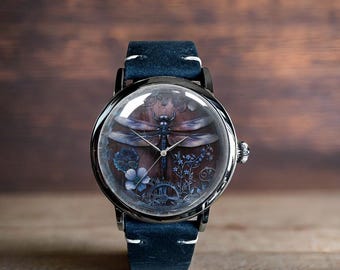 Retro Flower Dragonfly Art Mechanical Leather Wrist Watch