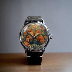 Floral Fox Mechanical Leather Watch, Fox Mechanical Watch, Mechanical Wrist Watch, Lady Size Mechanical Watch