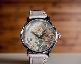 Vintage Rose Flower Art Mechanical Leather Wrist Watch