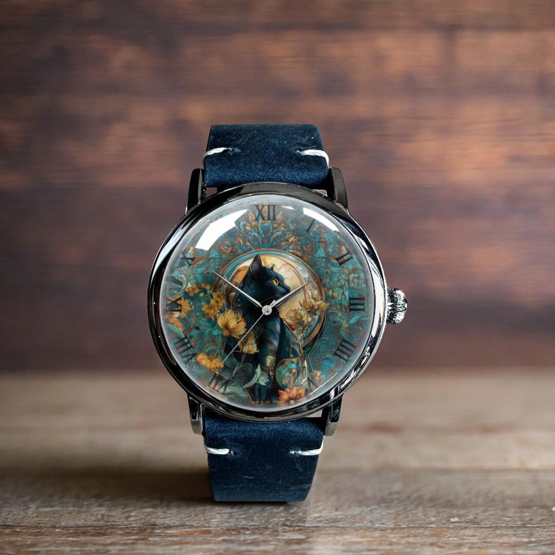 Floral Black Cat Art Mechanical Leather Wrist Watch - Etsy