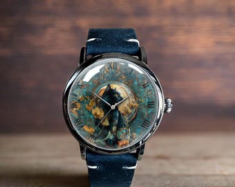 Reloj de pulsera mecánico de cuero con diseño de gato negro floral
