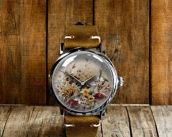 Vintage Floral Flower Art Mechanical Leather Wrist Watch