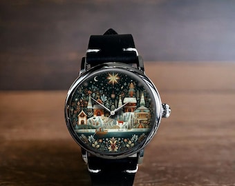 Christmas Village Art Mechanical Leather Wrist Watch