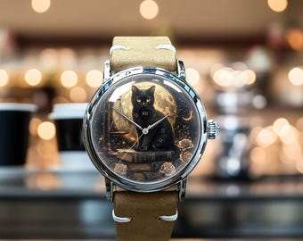 Schwarze Katzen Mond Buch Rose Art Mechanische Leder Armbanduhr