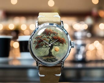 Tree of Life Moon Tree Art Mechanical Leather Wrist Watch