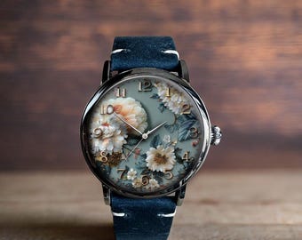 Vintage Floral Flower Art Mechanical Leather Wrist Watch
