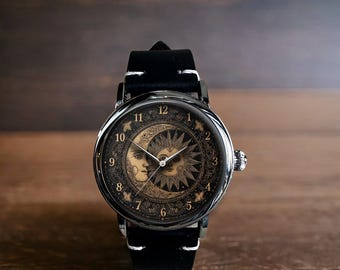 Orologio da polso meccanico in pelle con motivo Sole e Luna