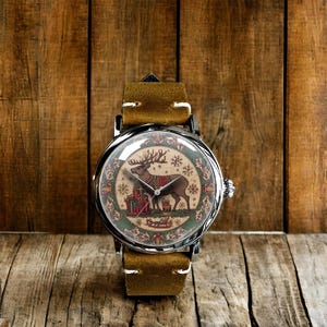 Reindeer Christmas Holiday Gift Leather Watch, Reindeer Christmas Mechanical Watch, Mechanical Wrist Watch, Lady Size Mechanical Watch