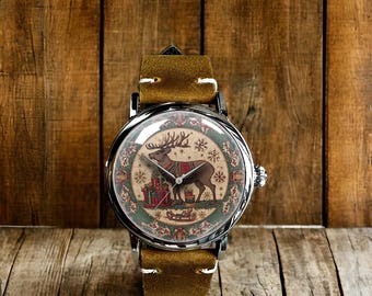 Reindeer Christmas Art Mechanical Leather Wrist Watch