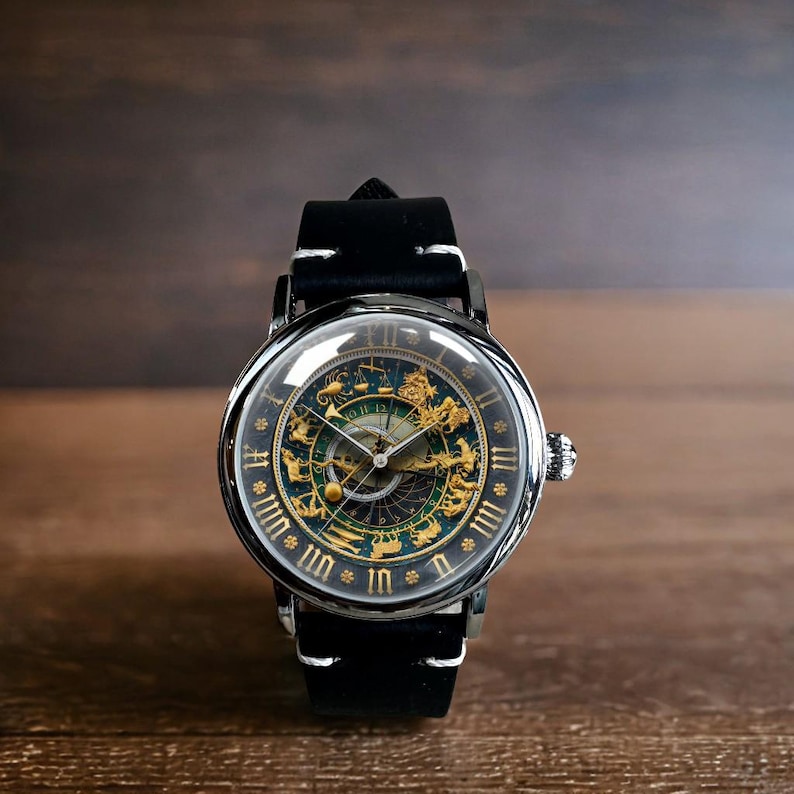 Retro Style Zodiac Signs Astronomical Art Mechanical Leather Wrist Watch image 1