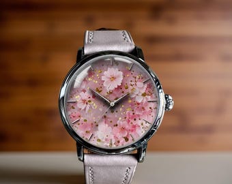 Vintage Pink Flower Art Mechanical Leather Wrist Watch